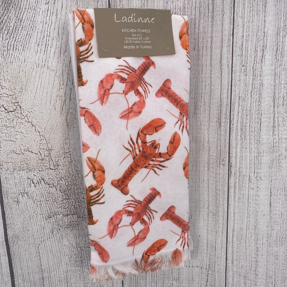 Ladinne Kitchen Towels White Lobster Print Embroidered Turkish Cotton Whimsical